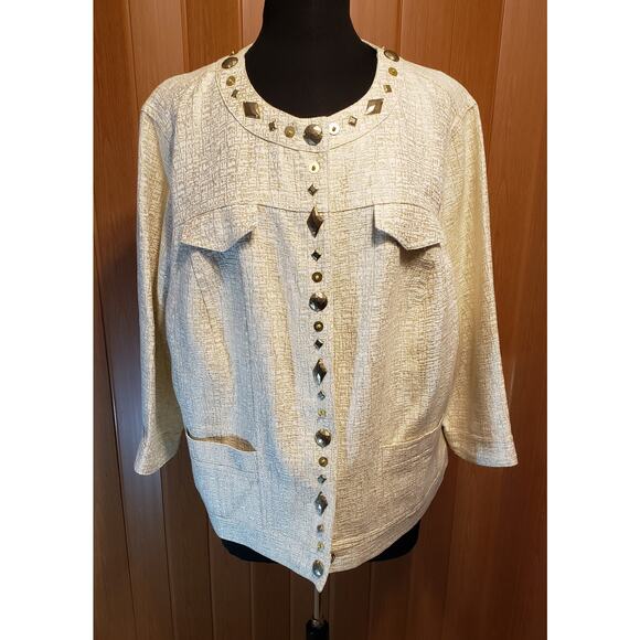 Ruby Rd. Size 22W Cotton Blend Beige & Gold Button up Jacket - Picture 1 of 4